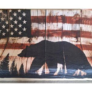 New USA US Flag Bear Forest Thick Plush Throw Gift Blanket Wood Art American NIP